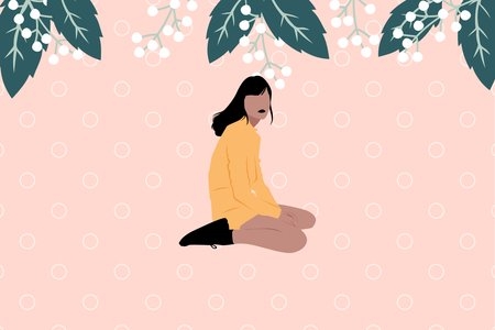 cartoon girl kneeling on the ground, flowers and leaves hanging above her