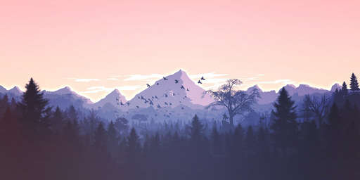 Drawing of a mountain in front of a sunset with some trees and birds