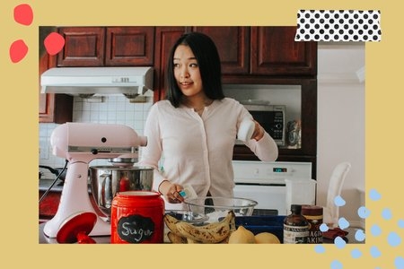 Michelle baking with Canva edits.