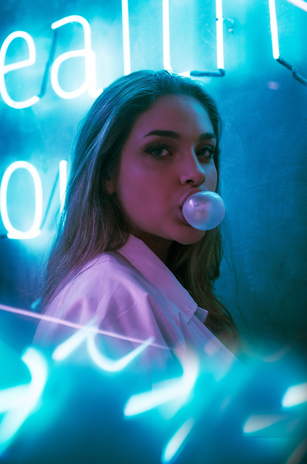 blue light background extra gum bubble girl