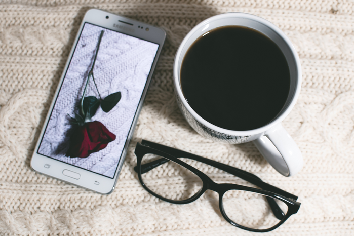 glasses phone and coffee by Lisa Fotios