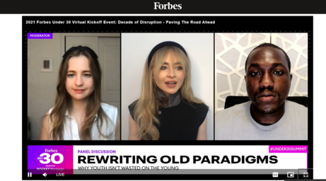 Screenshot of Sabrina Carpenter, Jarrid Tingle, and moderator Madeline Berg at Forbes Under 30: Decade of Disruption Summit
