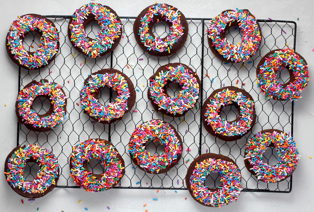 Baked chocolate donuts with sprinkles