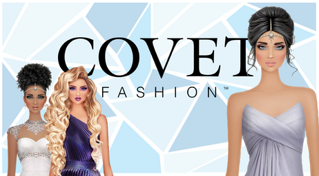 Graphic of three Covet Fashion avatars in front of a backdrop with the Covet Fashion logo in the center.