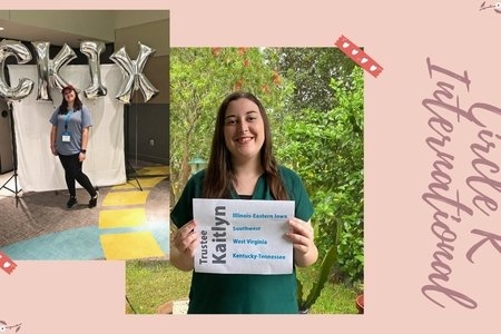 Woman posing in front of balloons that say CKIx and same woman posing with a piece of paper that has writing on it
