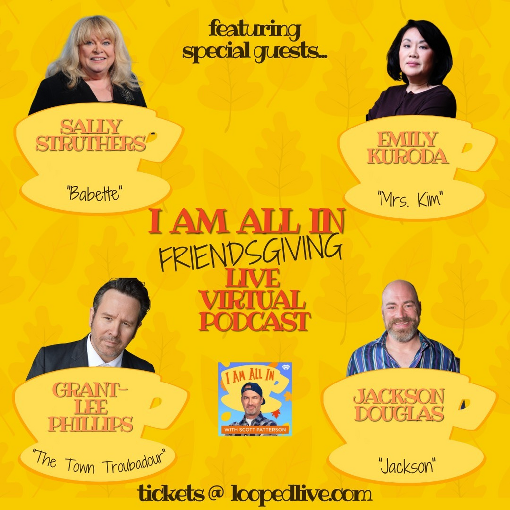 Yellow graphic featuring four guest stars from Gilmore Girls whose names are printed on yellow coffee mugs
