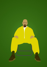 Man in yellow sitting against green background, art