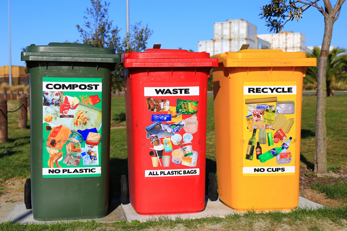 Brightly colored waste bins