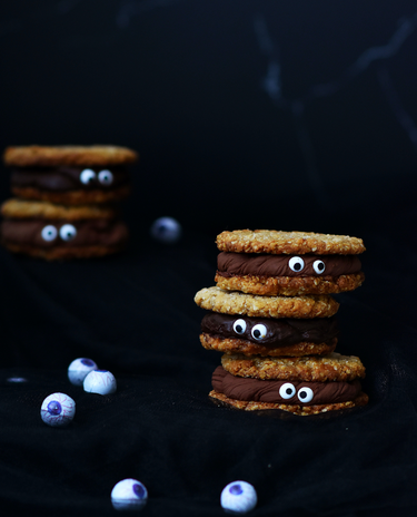halloween baked good / treat of cookie and chocolate with pretend eyeballs