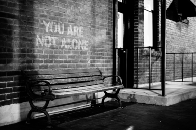 Bench near brick wall with inscription You are not alone