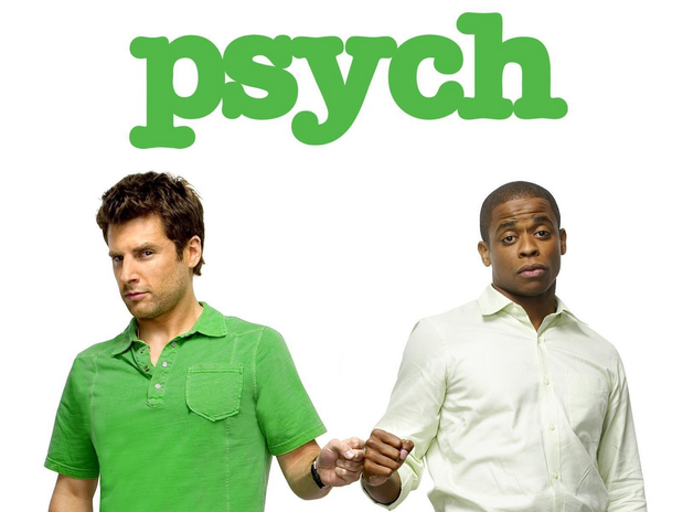 A logo of the show \"Psych\" with the two main characters.