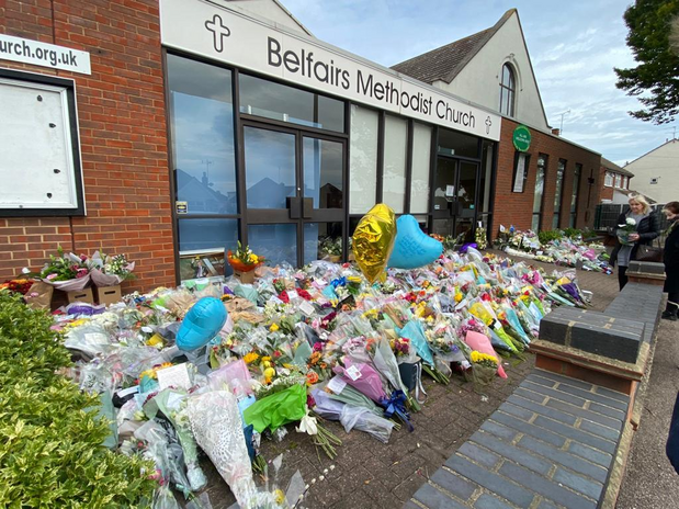 flowers for memorial left outside Belfairs methodist church