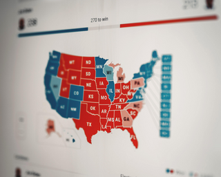 map of the United States with the states colored red or blue based on their votes