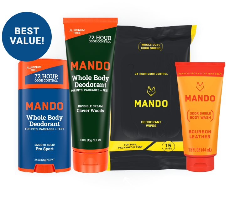 Mando Solid Stick Deodorant, Cream Tube Deodorant and two gift boxes on a pink and orange background with sparkling stars