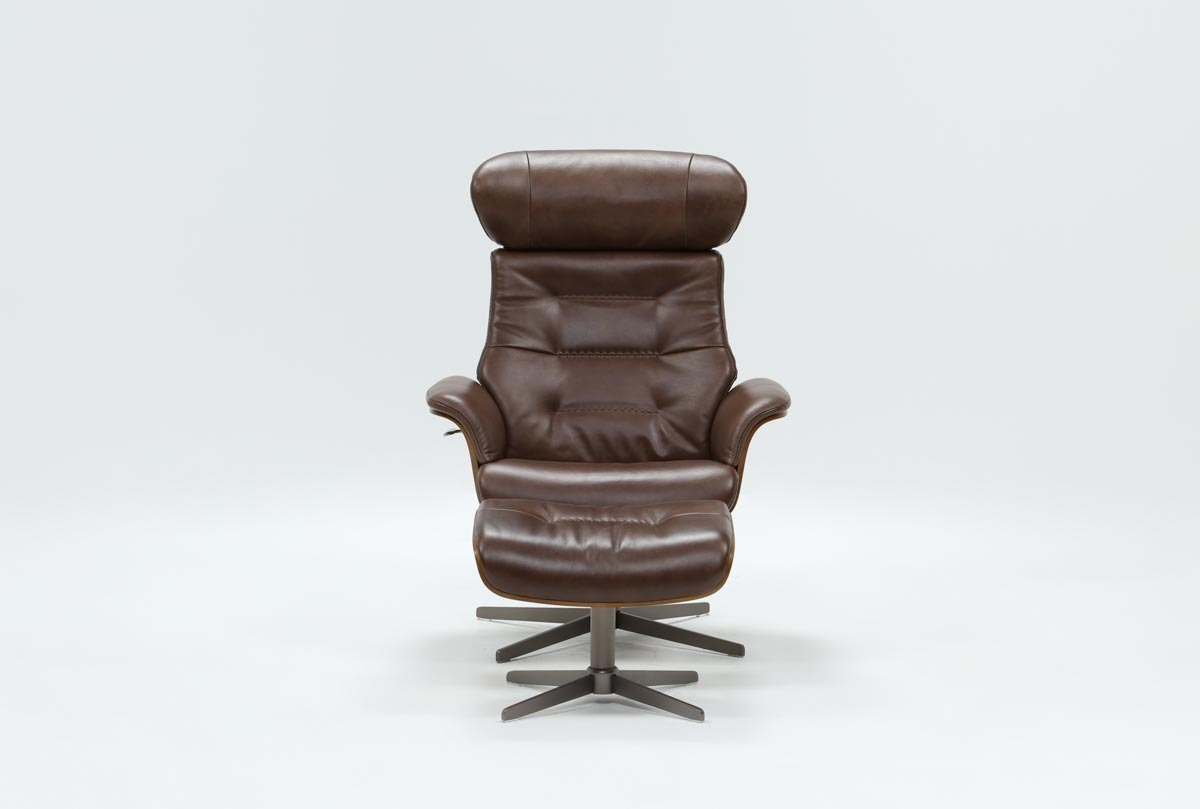 Amala Dark Grey Leather Reclining Swivel Chair & Ottoman Living Spaces