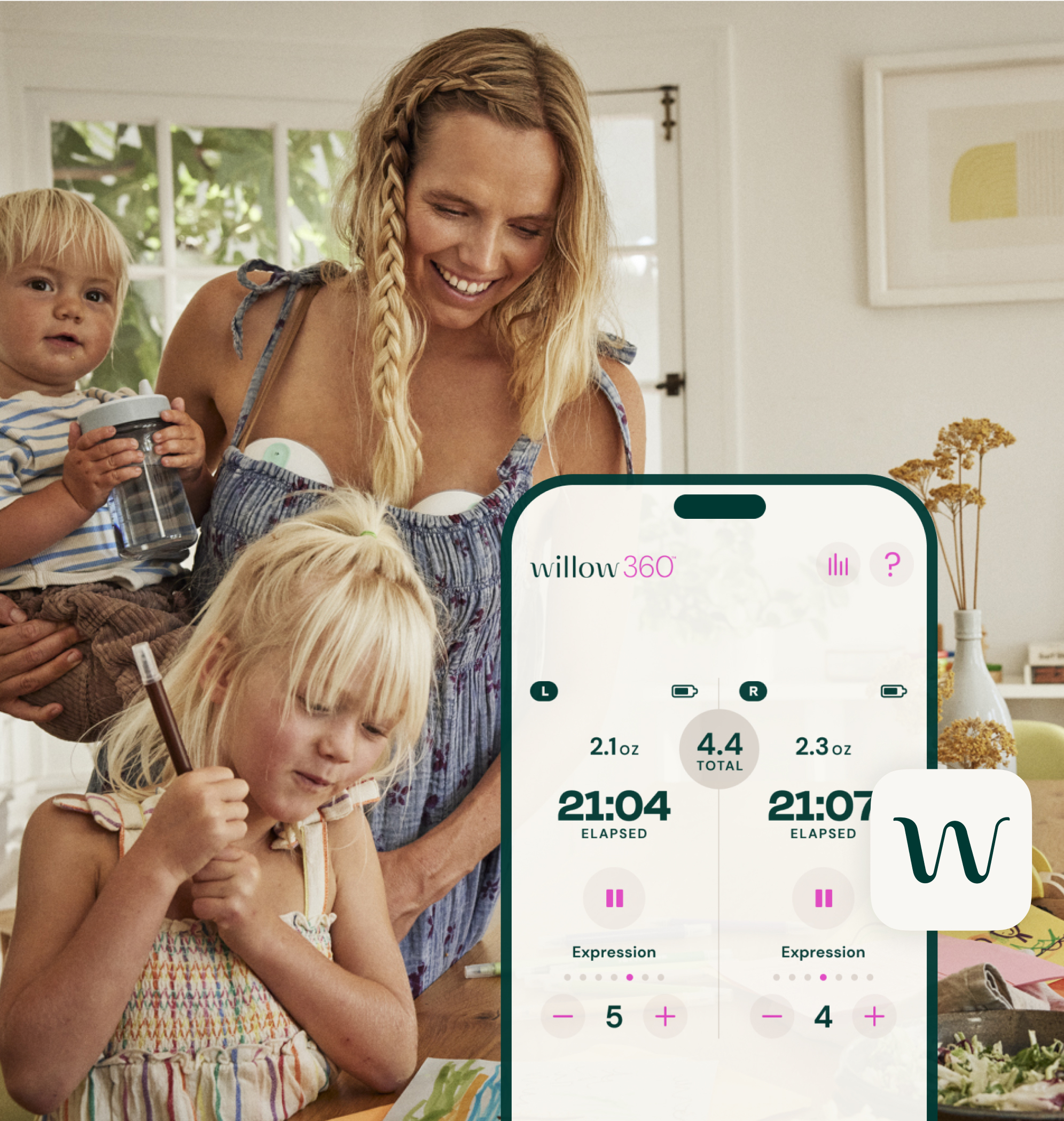 Mom with kids and screenshot of the app