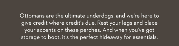 Ottomans are the ultimate underdogs, and we're here to give credit where credit's due. Rest your legs and place your accents on these perches. And when you've got storage to boot, it's the perfect hideaway for essentials.