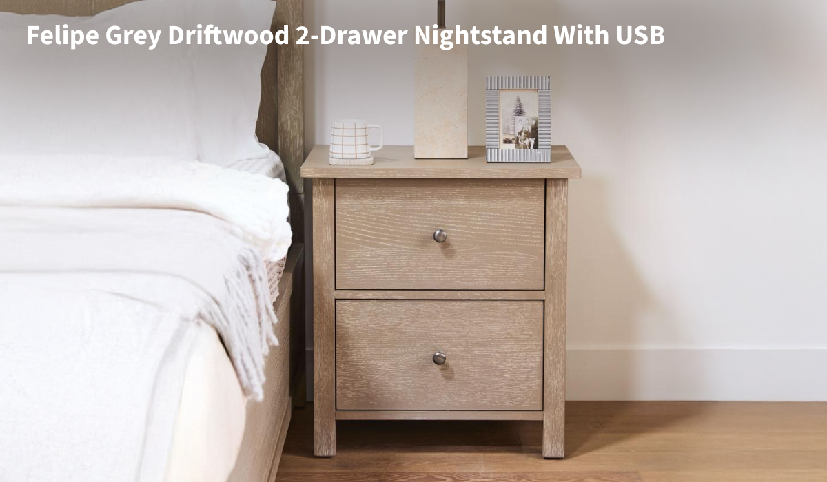 Felipe Grey Driftwood 2-Drawer Nightstand With USB