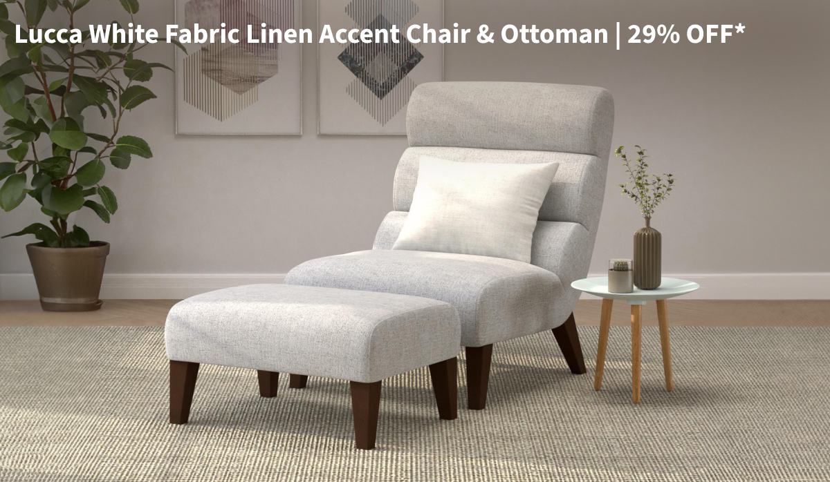 Lucca White Fabric Linen Accent Chair & Ottoman | 29% OFF*