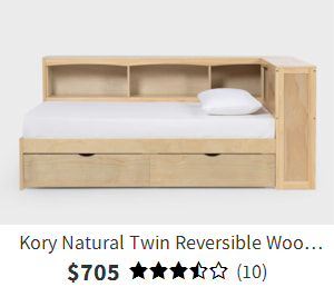 Kory Natural Twin Reversible Wood Bookcase Corner Bed With Underbed Storage Boxes | Drawers | Captain | Shelves